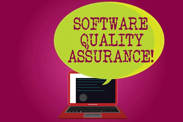 Conceptual hand writing showing Software Quality Assurance. Business photo text Ensuring quality in software engineering process Certificate Layout on Laptop Screen and Halftone Speech Bubble.