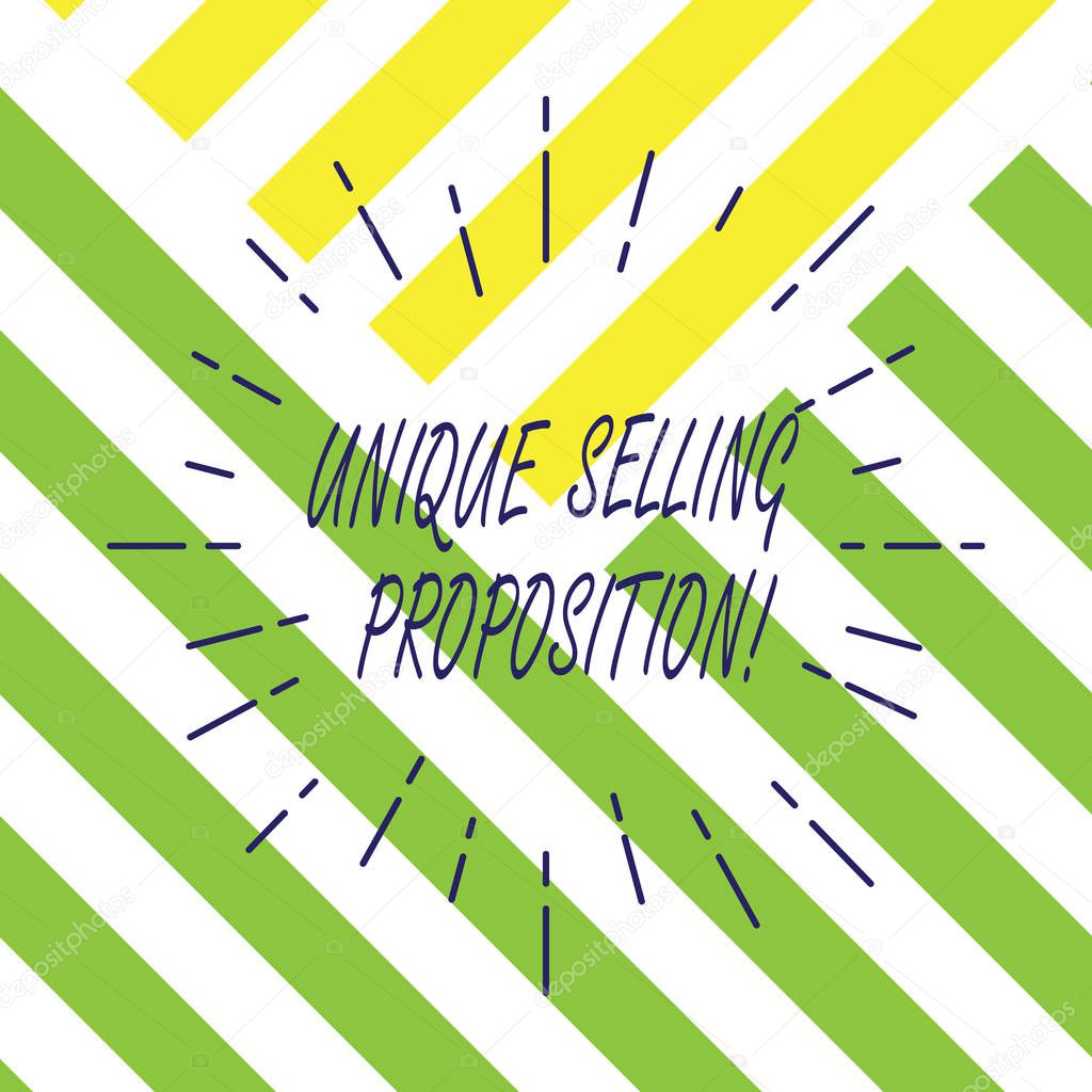Text sign showing Unique Selling Proposition. Conceptual photo differentiates a product from its competitors Thin Beam Lines Spreading out Dash of Sunburst Radiating on Diagonal Strips.