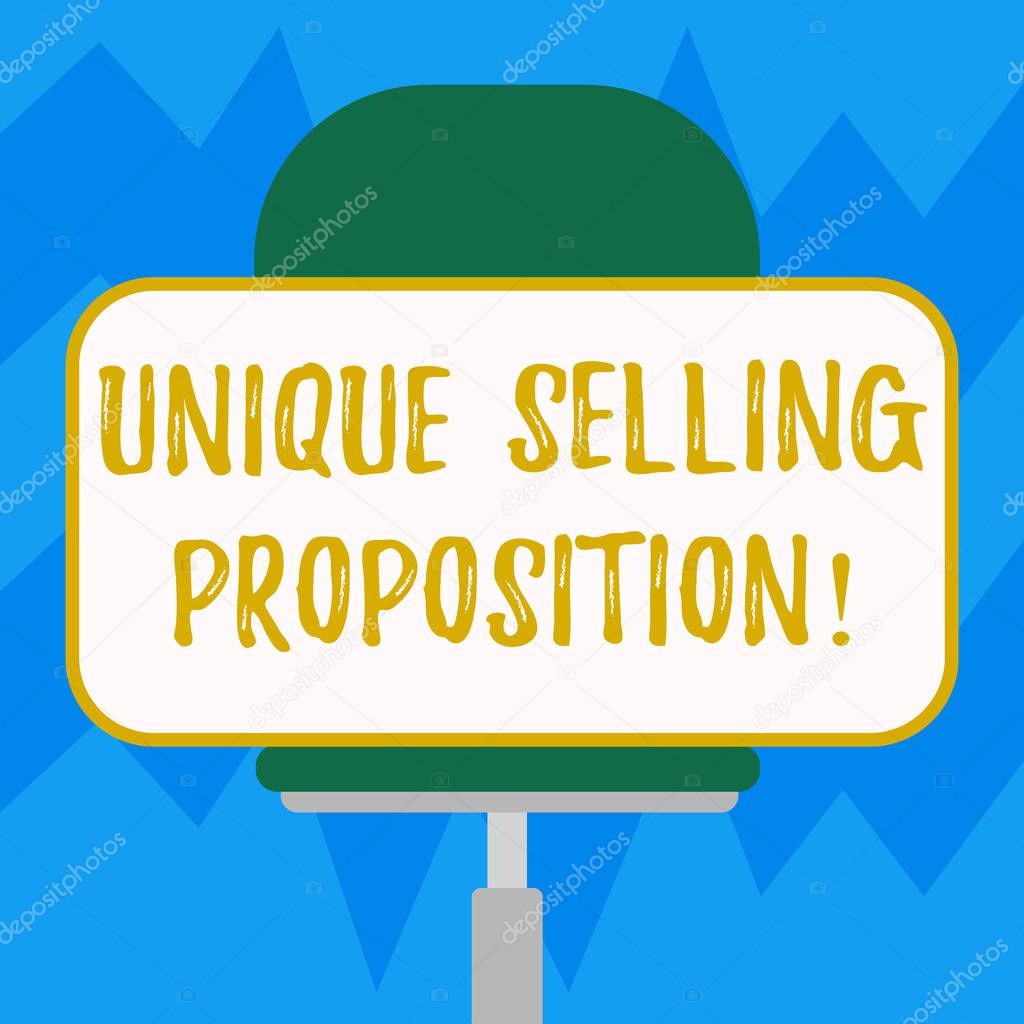 Text sign showing Unique Selling Proposition. Conceptual photo differentiates a product from its competitors Blank Rectangular Shape Sticker Sitting Horizontally on a Swivel Chair.