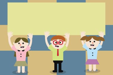 Düz tasarım iş vektör çizim boş kopya alanı metin reklam Web sitesi tanıtım için esp üç okul çocukları ile her iki silah yükseltme yukarı doğru gülen Talking şarkı Banner şablon izole.