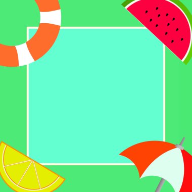 Düz tasarım iş vektör çizim boş kopya alanı metin reklam Web sitesi tanıtım için esp merkezi alanı ile dört köşe yaz plaj öğeleri ile ilgili afiş şablon şeyler izole.