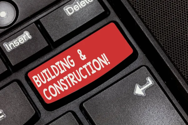 Conceptual hand writing showing Building And Construction. Business photo showcasing The work of building or making something Keyboard key Intention to create computer message idea. — Stock Photo, Image