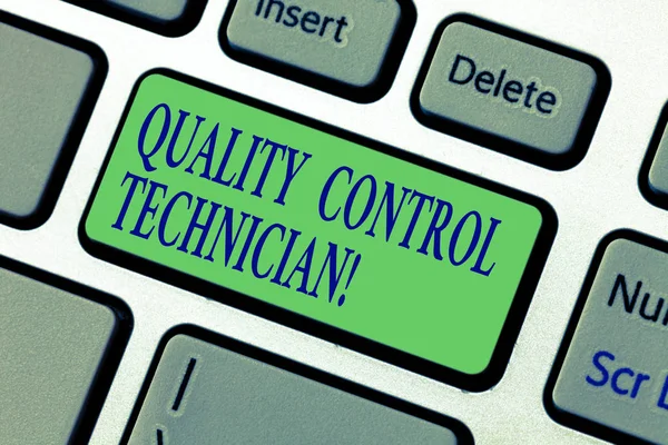 Writing note showing Quality Control Technician. Business photo showcasing Responsible for qualityassurance processes Keyboard key Intention to create computer message pressing keypad idea.