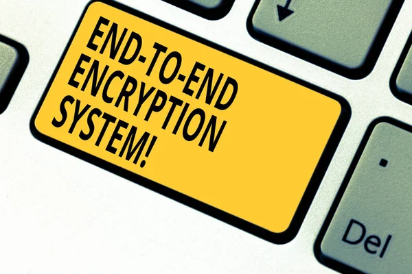 Writing note showing End To End Encryption System. Business photo showcasing method used for securing encrypted data Keyboard key Intention to create computer message pressing keypad idea.