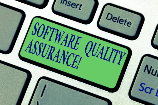 Writing note showing Software Quality Assurance. Business photo showcasing Ensuring quality in software engineering process Keyboard key Intention to create computer message pressing keypad idea.