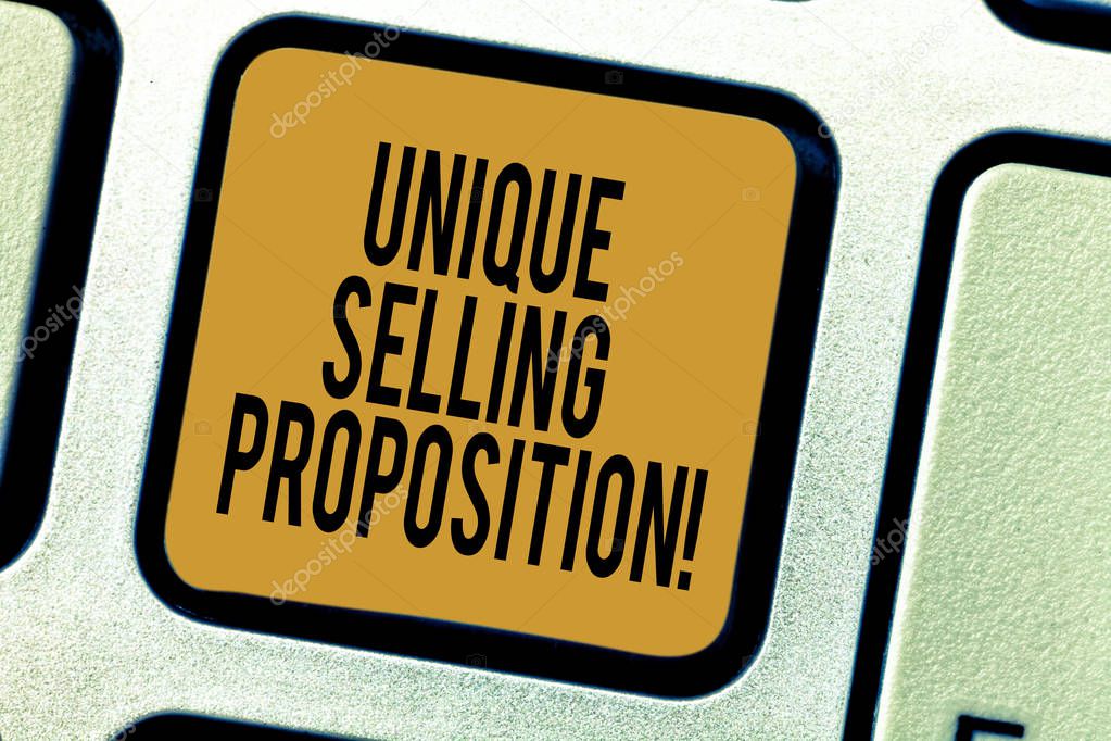 Handwriting text writing Unique Selling Proposition. Concept meaning differentiates a product from its competitors Keyboard key Intention to create computer message pressing keypad idea.
