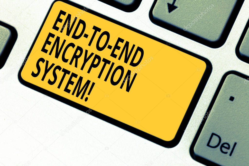 Writing note showing End To End Encryption System. Business photo showcasing method used for securing encrypted data Keyboard key Intention to create computer message pressing keypad idea.