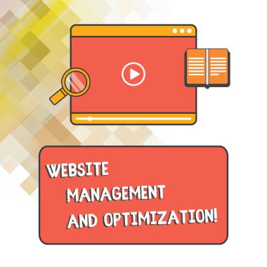 Word metin Web sitesi yönetimi ve optimizasyonu yazma. Online Seo optimize etmek için iş kavramı Tablet Video Player yükleme indirme ve Büyüteç Camı metin alanı içeriği