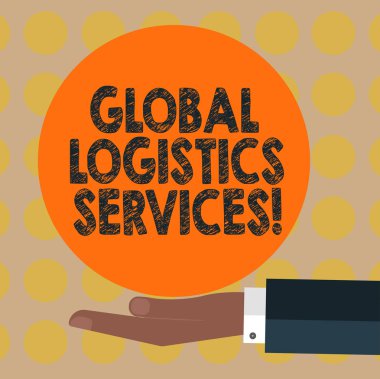 Metin Global Lojistik hizmetleri yazma kelime. İş kavramı bağlar kritik bileşenleri tedarik zincirinin Hu analiz için el takım sunan boş düz renk çemberinde Logo posterler için.