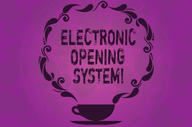 Elektronik açılış sistemi gösterilen metin işareti. Kavramsal fotoğraf elektronik erişim kontrol sistemi Keycards Kupası ve Buhar simgesi üstünde boş yer var filigran olarak Paisley tasarımı ile fincan tabağı.