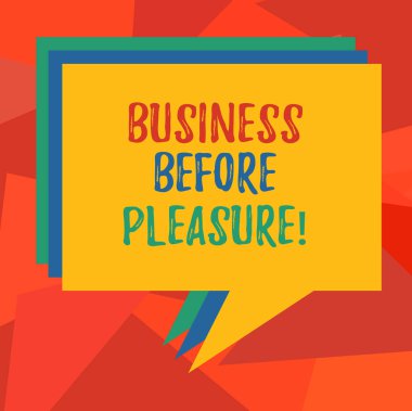 Metin yazma iş daha önce zevk kelime. İş için iş kavramı eğlence yığını, konuşma balonu farklı renk boş renkli Kazıklı metin balonu daha önemlidir.