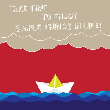 Word metin almak zaman zevk basit şeyler içinde aydınlatmaya yazma. İş kavramı için boş dakikanızı almak ilham dalga ağır bulutlar ve kağıt tekne deniz manzarası sahne fotoğraf kopya boşluk.