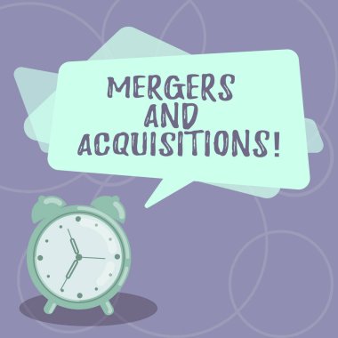 Metin birleşme ve satın almalar yazılı kelime. Konsolidasyon şirketler veya varlıkları boş dikdörtgen renk konuşma balonu kaplama ve Analog çalar saat için başvuru için iş kavramı.