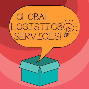 Global Lojistik hizmetler gösterilen metin işareti. Kavramsal fotoğraf kritik bileşenleri tedarik zinciri fikir simgesi içinde boş yarı ton konuşma balonu üzerinde bir açık karton kutu bağlanır.