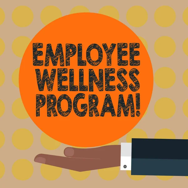 Word writing text Employee Wellness Program. Business concept for Help improve the health of its labor force Hu analysis Hand in Suit Offering Blank Solid Color Circle for Logo Posters.
