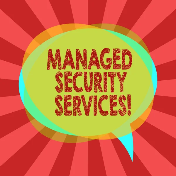 Text sign showing Managed Security Services. Conceptual photo approach in analysisaging clients security needs Blank Speech Bubble photo and Stack of Transparent Circle Overlapping.