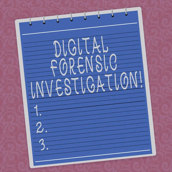 Writing note showing Digital Forensic Investigation. Business photo showcasing recovery of information from computers Lined Spiral Top Color Notepad photo on Watermark Printed Background.