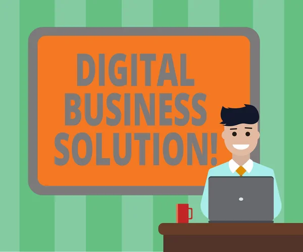 Handwriting text Digital Business Solution. Concept meaning Solution to establish successful online business Blank Bordered Board behind Man Sitting Smiling with Laptop Mug on Desk.