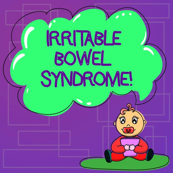 Handwriting text Irritable Bowel Syndrome. Concept meaning Disorder involving abdominal pain and diarrhea Baby Sitting on Rug with Pacifier Book and Blank Color Cloud Speech Bubble.