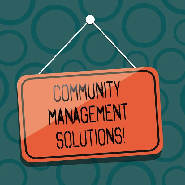 Writing note showing Community Management Solutions. Business photo showcasing Manage and engage the community of your brand Blank Hanging Color Door Window Signage with String and Tack.