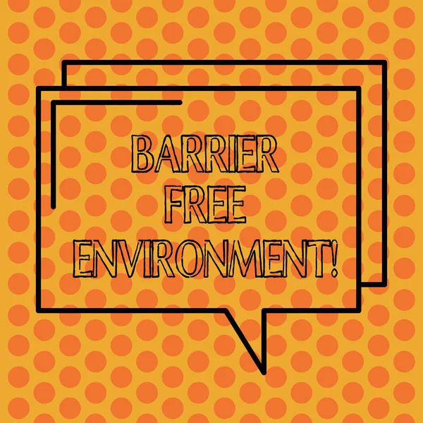 Writing note showing Barrier Free Environment. Business photo showcasing free of potential obstacles to individuals Rectangular Outline Transparent Comic Speech Bubble photo Blank Space.