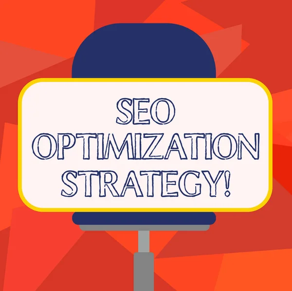 Λέξη γράφοντας κείμενο Seo Optimization στρατηγική. Επιχειρηματική ιδέα για τη διαδικασία της οργάνωσης ενός s ιστοσελίδα είναι περιεχομένου κενό ορθογώνιο σχήμα αυτοκόλλητο κάθεται οριζόντια σε μια περιστρεφόμενη καρέκλα. — Φωτογραφία Αρχείου