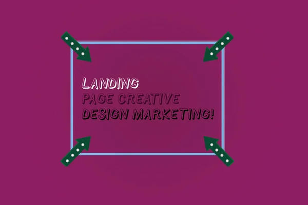 Текст написания слов Landing Page Creative Design Marketing. Концепция бизнеса для размещения рекламы в социальных сетях Square Outline with Corner Arrows Pointing Inwards on Color Background . — стоковое фото