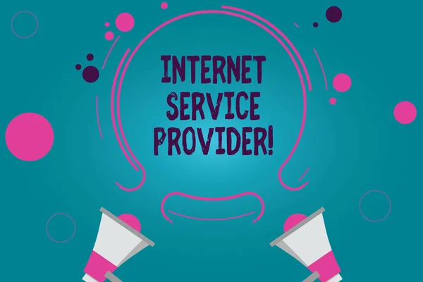 Conceptual hand writing showing Internet Service Provider. Business photo text Company that provides access to the Internet Two Megaphone and Circular Outline with Small on Color Background.