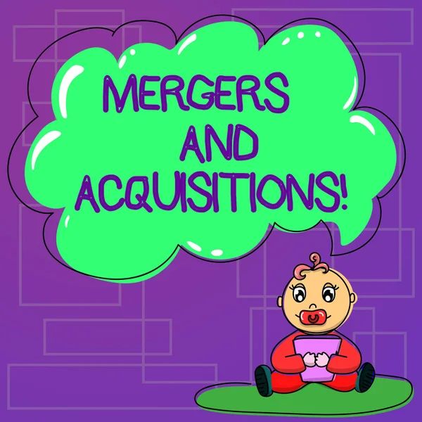 Handwriting text Mergers And Acquisitions. Concept meaning Refers to the consolidation of companies or assets Baby Sitting on Rug with Pacifier Book and Blank Color Cloud Speech Bubble.