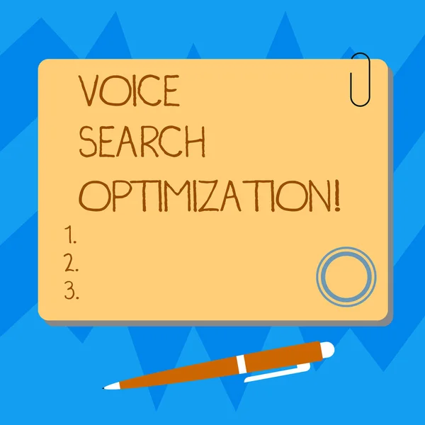 쓰기 텍스트 음성 검색 최적화 단어. 음성된 comanalysisds 빈 스퀘어 컬러 보드 자석 클릭 볼펜 압정 및 클립을 통해 검색 향상 웹에 대 한 비즈니스 개념. — 스톡 사진