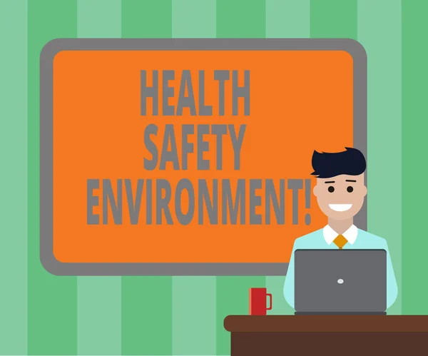 Handwriting text Health Safety Environment. Concept meaning Environmental protection and safety at work Blank Bordered Board behind Man Sitting Smiling with Laptop Mug on Desk. — Stock Photo, Image