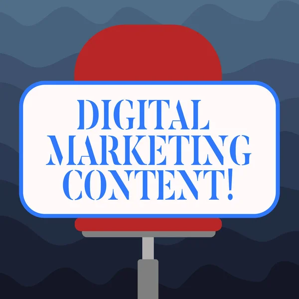 Writing note showing Digital Marketing Content. Business photo showcasing Distributing content for targeted audience online Blank Rectangular Shape Sticker Sitting Horizontally on a Swivel Chair.