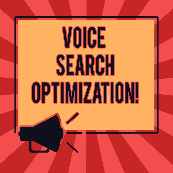 Conceptual hand writing showing Voice Search Optimization. Business photo text enhance web searching through spoken comanalysisds Megaphone Sound icon Outlines Square Loudspeaker Text Space photo.