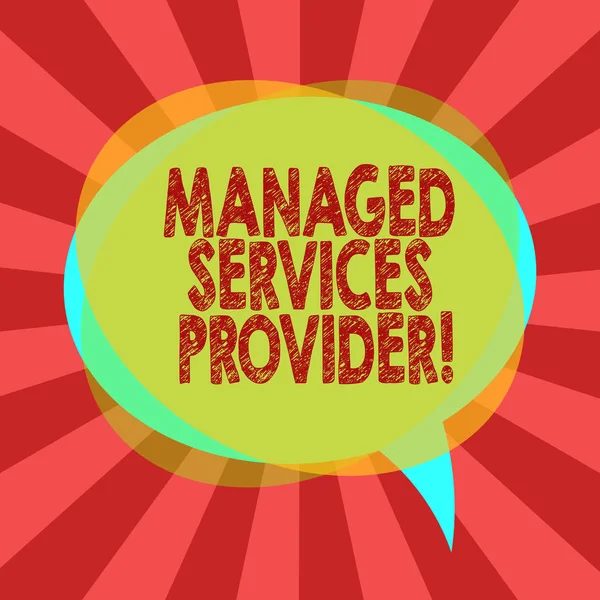 Text sign showing Managed Services Provider. Conceptual photo IT service company that offers service to end user Blank Speech Bubble photo and Stack of Transparent Circle Overlapping.