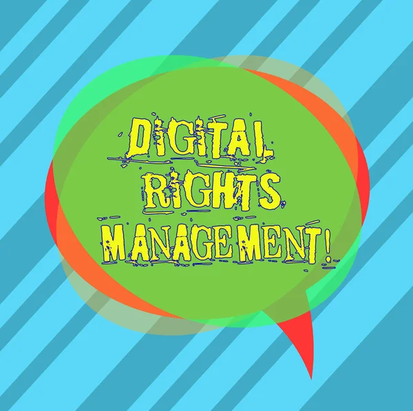 Writing note showing Digital Rights Management. Business photo showcasing approach to copyright protection for digital media Blank Speech Bubble photo and Stack of Transparent Circle Overlapping.