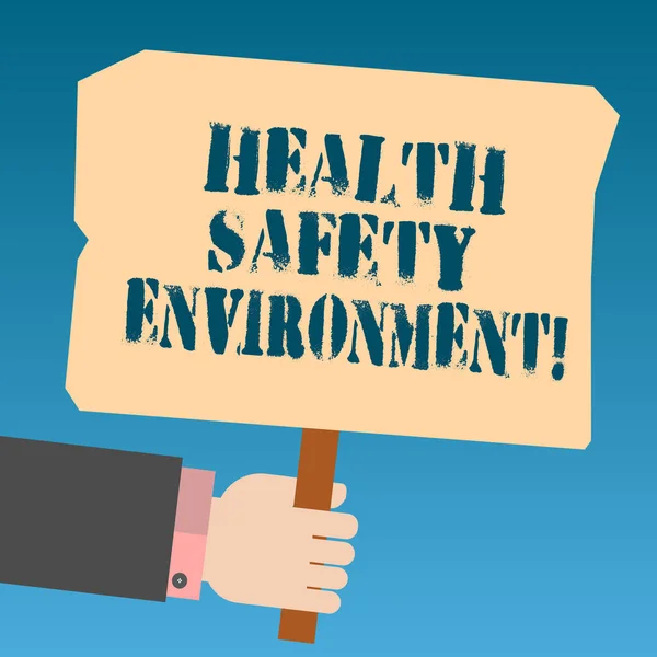 Writing note showing Health Safety Environment. Business photo showcasing Environmental protection and safety at work Hu analysis Hand Holding Colored Placard with Stick Text Space.