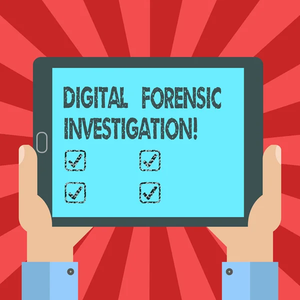 Scrittura concettuale a mano che mostra Digital Forensic Investigation. Business foto testo recupero di informazioni da computer analisi Hu mano Holding Tablet Smartphone Display Unità foto . — Foto Stock