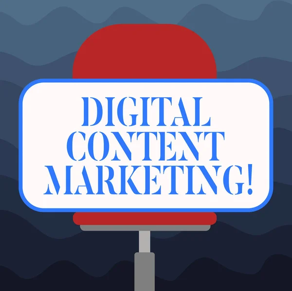 Writing note showing Digital Content Marketing. Business photo showcasing distributing content to a targeted audience online Blank Rectangular Shape Sticker Sitting Horizontally on a Swivel Chair.