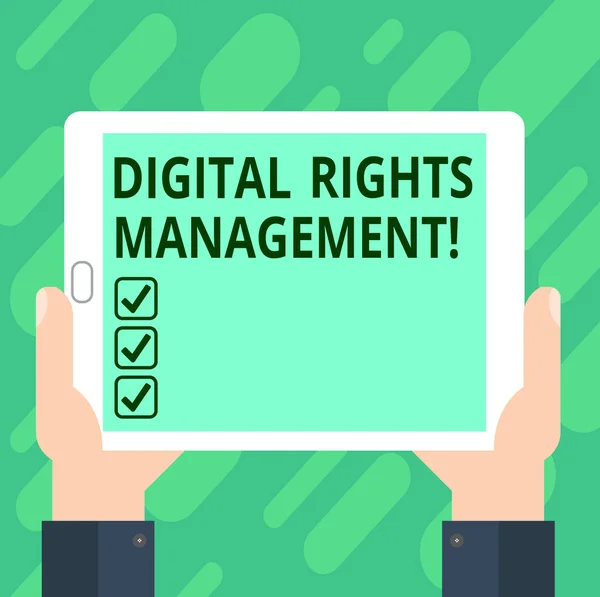 Conceptual hand writing showing Digital Rights Management. Business photo text approach to copyright protection for digital media Hu analysis Hand Holding Tablet Smartphone Display Unit photo.