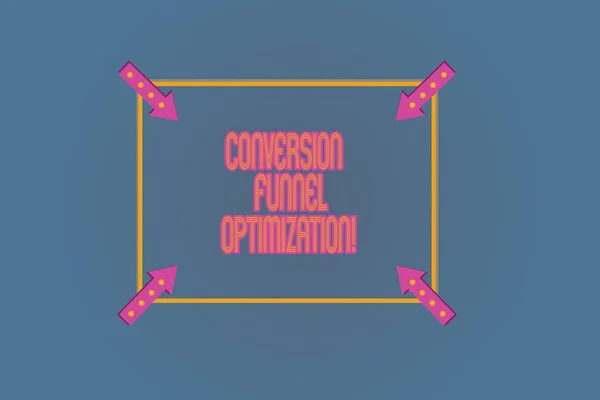 Conceptual hand writing showing Conversion Funnel Optimization. Business photo text thinking of advanced ways in online trading Square Outline with Corner Arrows Pointing on Color Background.