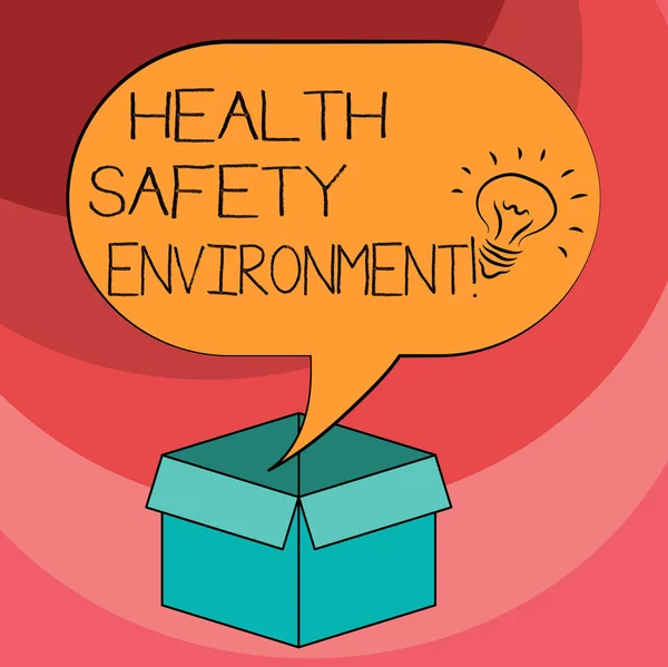 Text sign showing Health Safety Environment. Conceptual photo Environmental protection and safety at work Idea icon Inside Blank Halftone Speech Bubble Over an Open Carton Box. — Stock Photo, Image