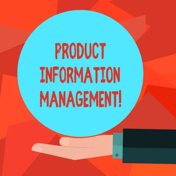Word writing text Product Information Management. Business concept for Managing the information required to market Hu analysis Hand in Suit Offering Blank Solid Color Circle for Logo Posters.