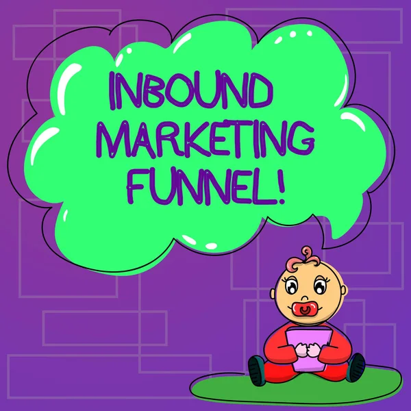 Handwriting text Inbound Marketing Funnel. Concept meaning process of attracting a large amount of prospects Baby Sitting on Rug with Pacifier Book and Blank Color Cloud Speech Bubble.