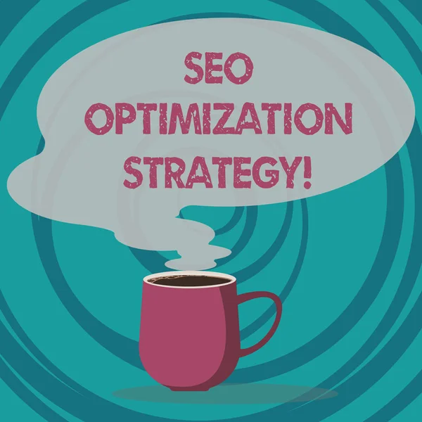 Σύνταξη σημείωσης δείχνει Seo Optimization στρατηγική. Επαγγελματίες φωτογραφία προβάλλοντας διαδικασία οργάνωσης μια ιστοσελίδα s είναι περιεχομένου κούπα ζεστό καφέ με εικονίδιο κενό ατμού φούσκα ομιλία χρώμα. — Φωτογραφία Αρχείου