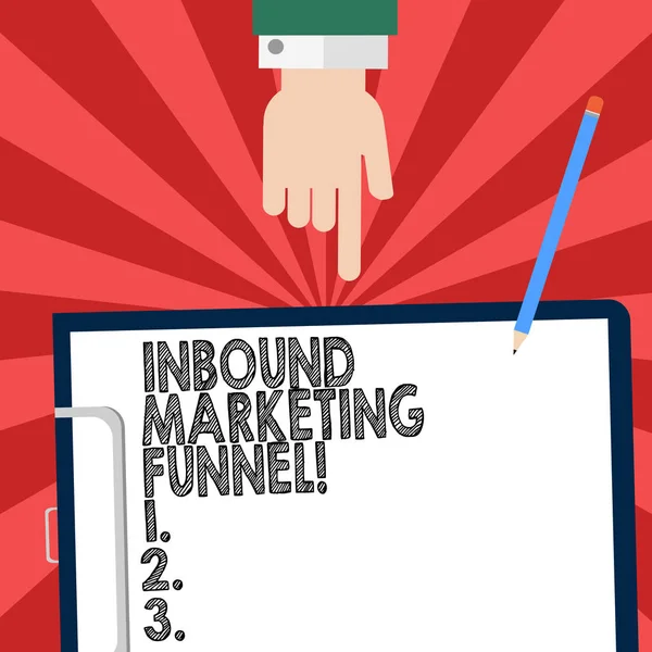 Escritura a mano escritura de texto Inbound Marketing Funnel. Concepto significado proceso de atraer una gran cantidad de perspectivas Hu análisis Señalando a mano hacia abajo a portapapeles con papel de enlace en blanco y lápiz . — Foto de Stock