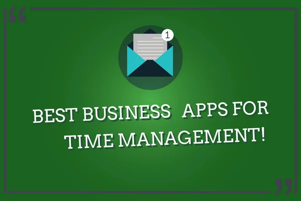 時間管理のベスト ビジネス アプリケーションのテキストの書き込みの単語します。質の高いモダンなアプリケーション クォーテーション マークのアウトライン内紙新しい電子メール メッセージの開いているエンベロープのビジネス コンセプト. — ストック写真