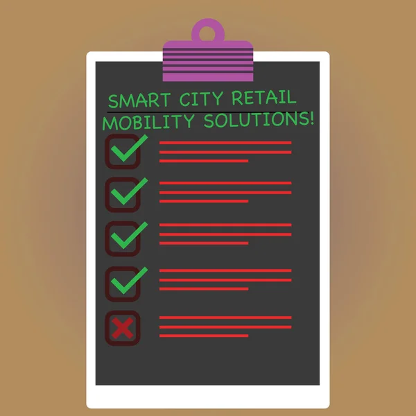 Conceptual hand writing showing Smart City Retail Mobility Solutions. Business photo text Connected technological modern cities Vertical Clipboard with Check Box photo Blank Copy Space.