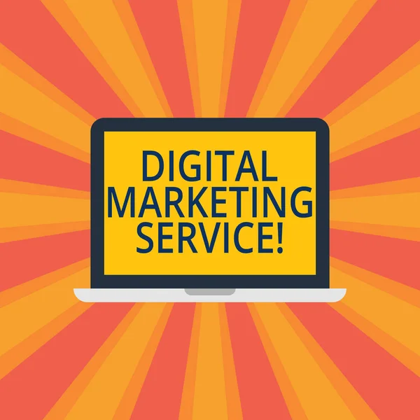 Text sign showing Digital Marketing Service. Conceptual photo services using digital channels to reach consumers Laptop Monitor Personal Computer Device Tablet Blank Screen for Text Space.
