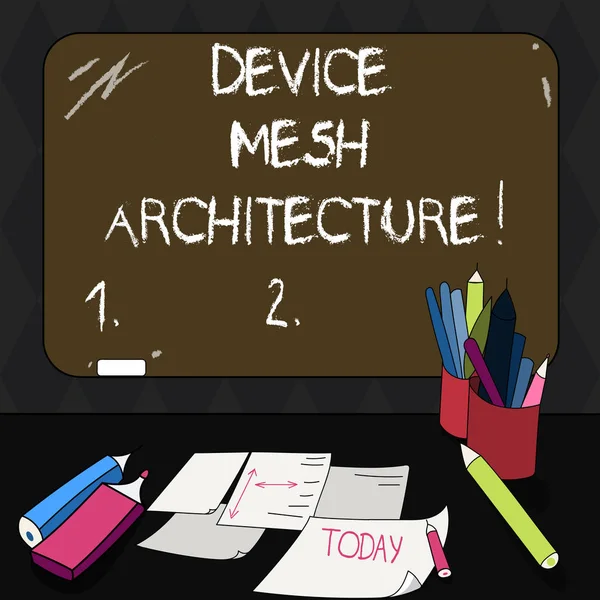 显示设备网格体系结构的文本符号。概念照片数字业务技术平台协调安装空白彩色黑板与粉笔和书写工具表在办公桌上. — 图库照片