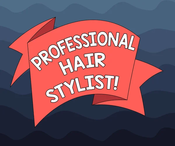 プロのヘアスタイリストを示すメモを書きます。ビジネス写真カットする職業のことですまたはスタイル髪を示すことを展示お祝い用の 3 d リボン ストリップ固体空白サッシの色は写真の折り返し. — ストック写真